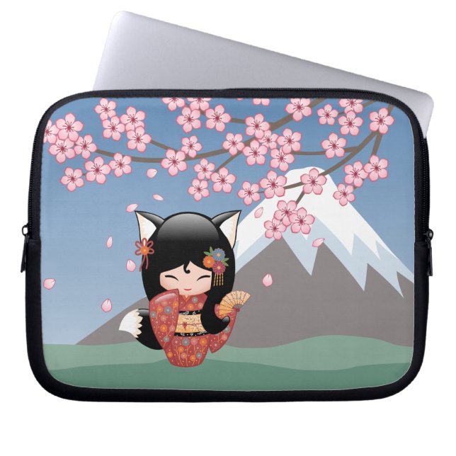 Protection Pour Ordinateur Portable Poupée Kitsune Kokeshi - Black Fox Geisha Girl (Devant)