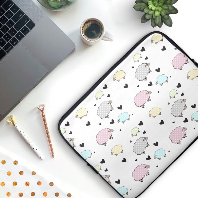 Protection Pour Ordinateur Portable Précieux Pastel Sheep & Hearts Motif (Polkadot Sheep and Hearts Pattern Laptop Sleeve)