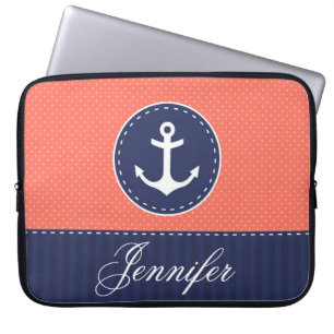 Protection Pour Ordinateur Portable Preppy Coral Marine Ancre nautique Nom personnalis