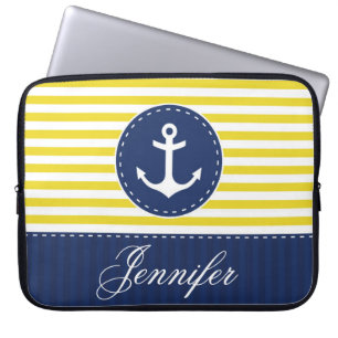 Protection Pour Ordinateur Portable Preppy Jaune Marine Ancre nautique Nom personnalis