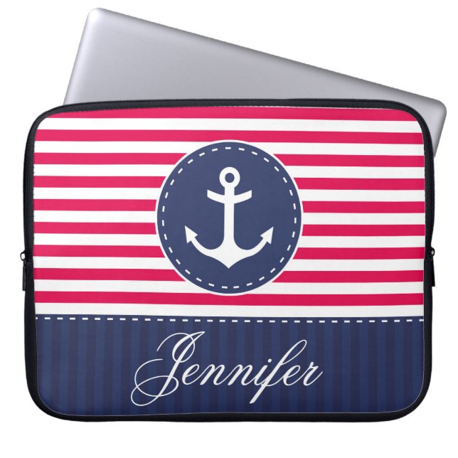 Protection Pour Ordinateur Portable Preppy Red Navy Ancre nautique Nom personnalisé (Devant)