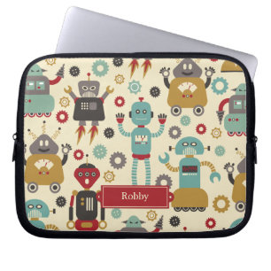 Protection Pour Ordinateur Portable Robots rétro amusants Motif illustré (Cream)