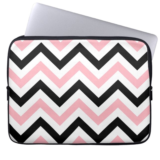 Protection Pour Ordinateur Portable Rose, Noir, Blanc Grand Motif Chevron ZigZag (Devant)