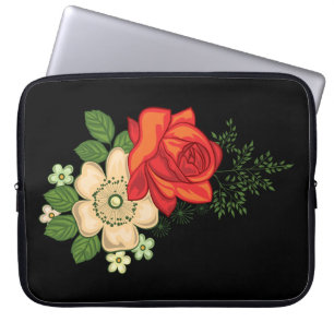 Protection Pour Ordinateur Portable Rose rouge et marguerites sur fond noir