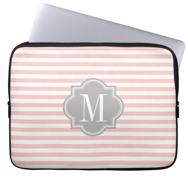 Protection Pour Ordinateur Portable Rougissent les rayures roses avec le monogramme (Devant)
