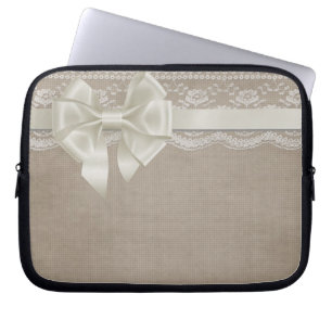 Protection Pour Ordinateur Portable Rustique Vintage Toile de Jute & Dentelle
