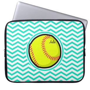 Protection Pour Ordinateur Portable Softball ; Aqua Green Chevron