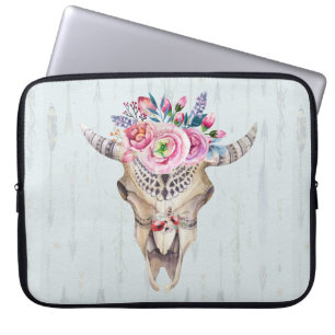 Protection Pour Ordinateur Portable Taureau floral sur Arrière - plan bleu clair