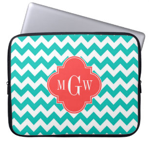 Protection Pour Ordinateur Portable Teal White Chevron Coral Quatrefoil 3 monogram
