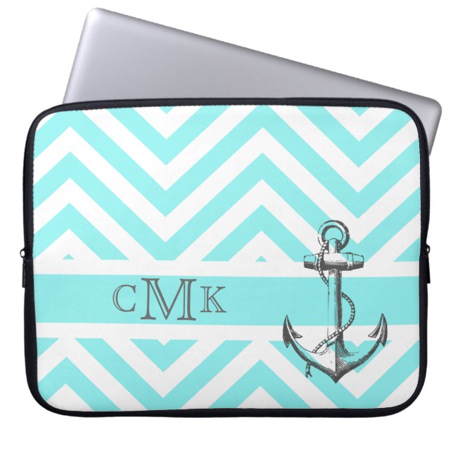 Protection Pour Ordinateur Portable Triple Ancre monogramme et zigzags bleus (Devant)