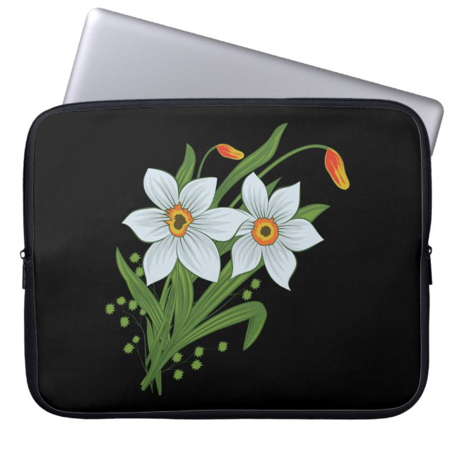 Protection Pour Ordinateur Portable Tulipes et jonquilles Fleurs Fond noir (Devant)