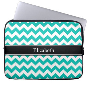 Protection Pour Ordinateur Portable Turquoise Blanc Chevron ZigZag Nom noir Monogramme