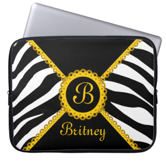 Protection Pour Ordinateur Portable Zèbre et monogramme jaune de dentelle