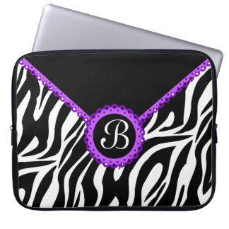 Protection Pour Ordinateur Portable Zèbre et monogramme pourpre de dentelle