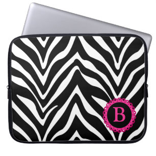 Protection Pour Ordinateur Portable Zèbre et monogramme rose de dentelle