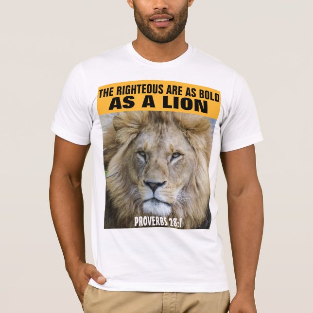 PROVERBES 28:1 BOLD COMME UN LION, T-SHIRTS CHRÉTI (Devant)