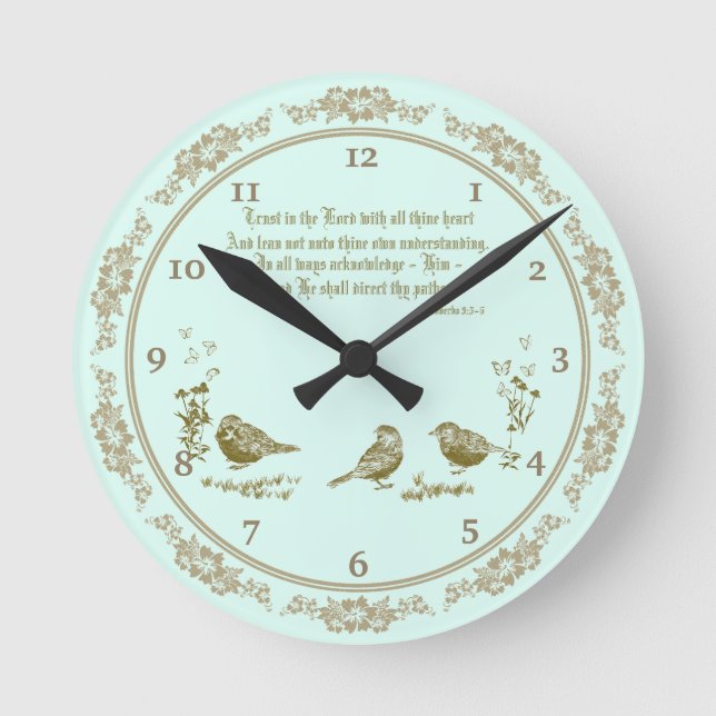 Proverbes 3:5-6 Horloge murale avec oiseaux, Fleur (Recto)