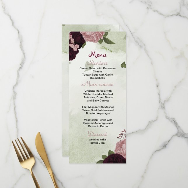 prune fleurs roses verdure menu mariage (Devant/Arrière en situation)
