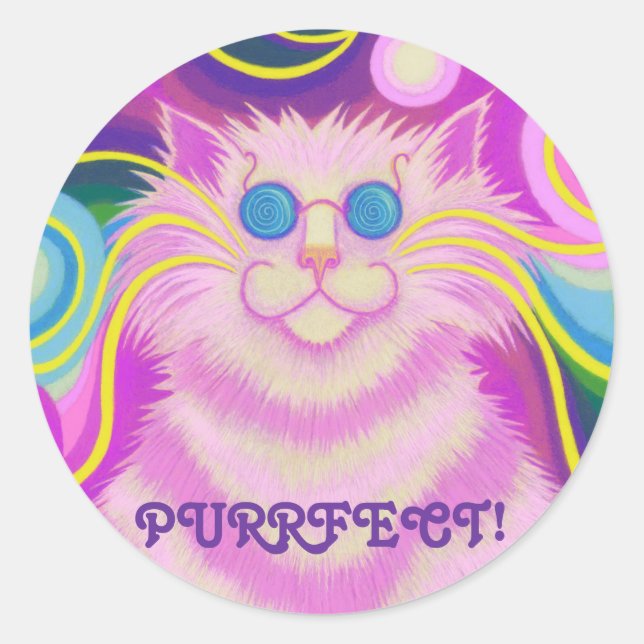 Psy-cat-delic Pink 'Purrfect!' autocollant rond (Devant)