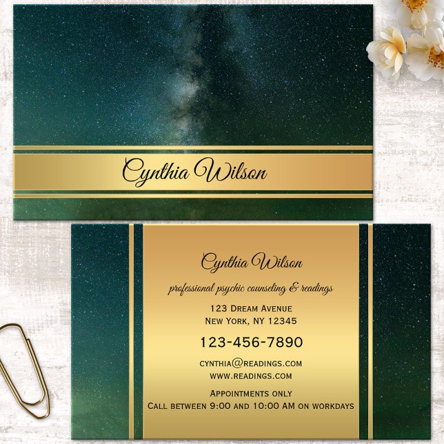 Psychique ou Clairvoyant Galaxy Carte de visite or (Professional spiritual medium clairvoyant or fortune teller gold celestial business card - new age)
