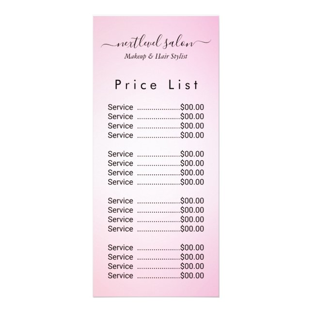 Publicitaire Carte de tarif de salon de coiffure rose élégant (Devant)
