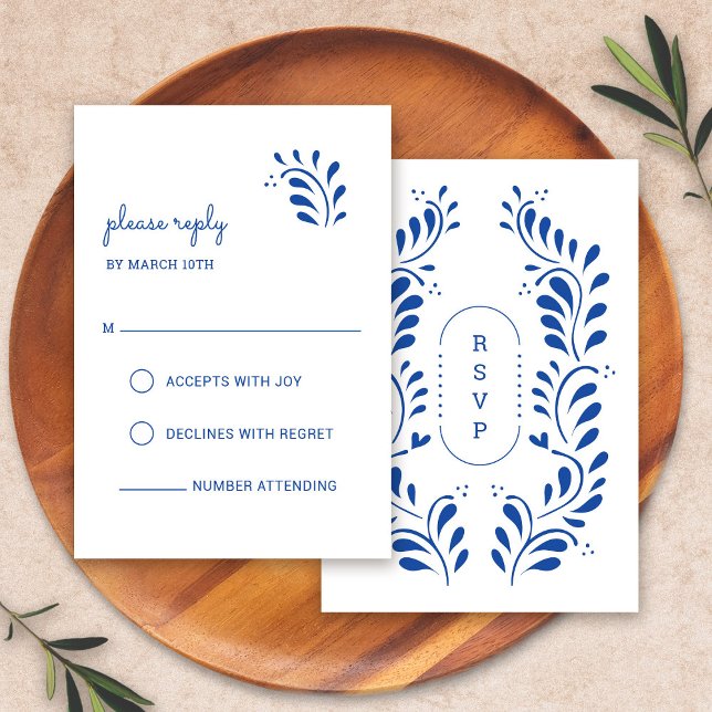 Puebla Style Blue Mexicaine Mariage carte RSVP (Puebla Style Blue Mexican Wedding RSVP Card by Fiesta Valley Print)