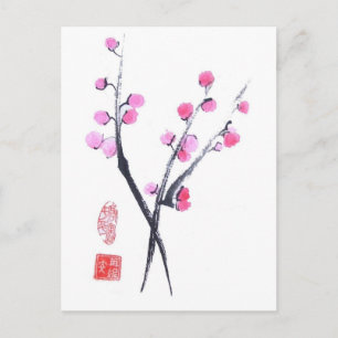 Puffés de fleurs de prune dans carte postale blanc