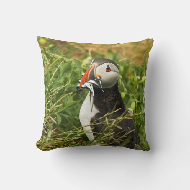 Puffin avec poisson Coussin américain Mojo/Cushion (Recto)