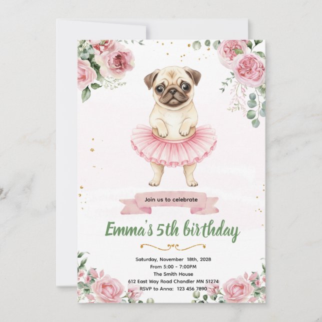 Pug Ballerina Birthday Invitation (Devant)