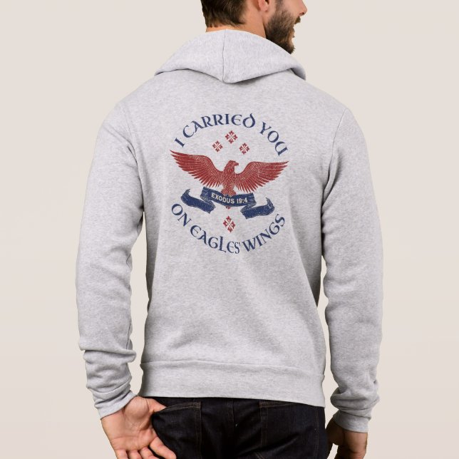 Pull À Capuche Ailes d'aigle Écriture Exode 19:4 Rouge/Bleu (Dos)