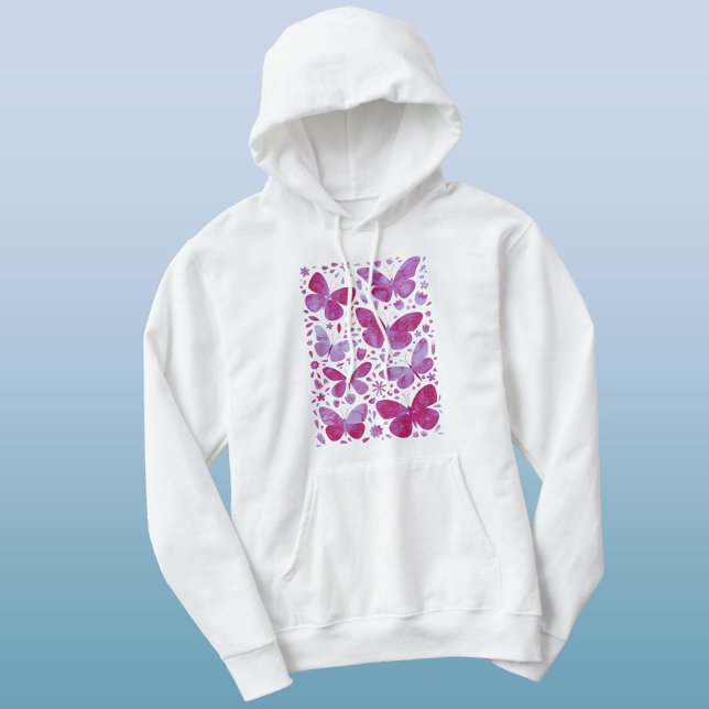 Pull À Capuche Aquarelle papillon Magenta Rose (Magenta hot pink watercolor buttferfly hoodie)