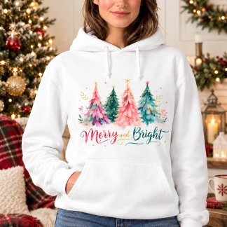 Pull À Capuche Arbres de Noël aquarelles colorés Merry & Bright