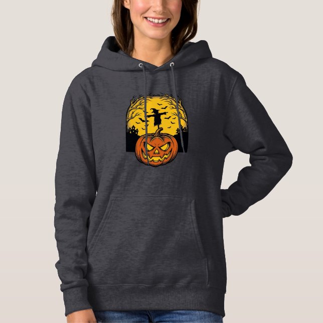 Pull À Capuche Art de l'épouvantail de lune de citrouille d'Hallo (Devant)