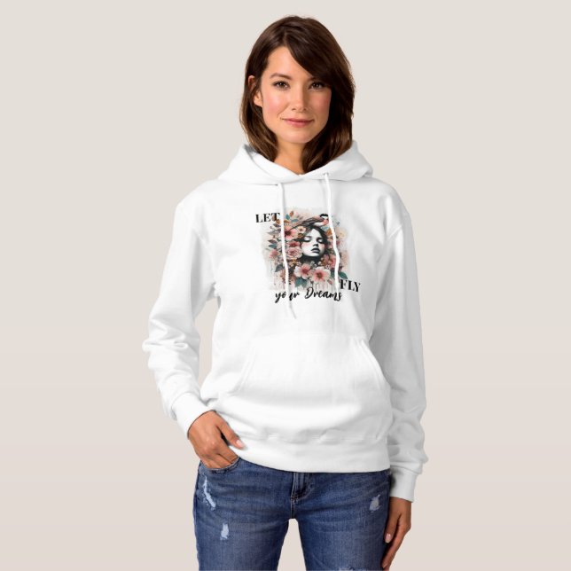Pull À Capuche Art floral inspirant avec femme et oiseau (Devant entier)