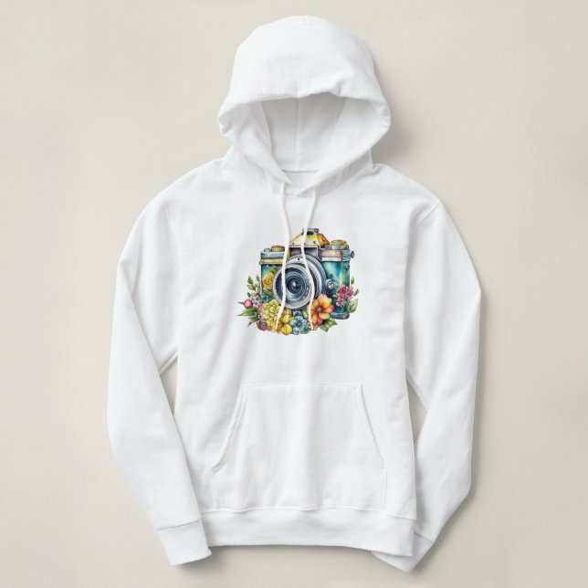Pull À Capuche Caméra vintage en aquarelle Fleurs (Design devant)