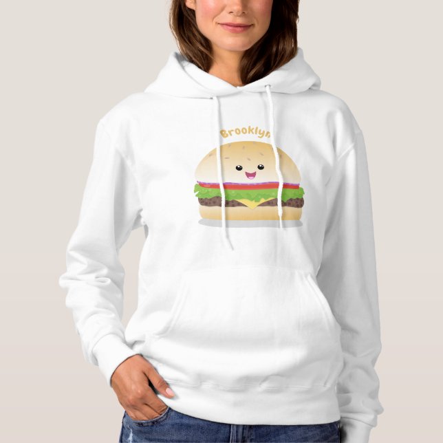 Pull À Capuche Caricature de hamburger kawaii joyeux (Devant)
