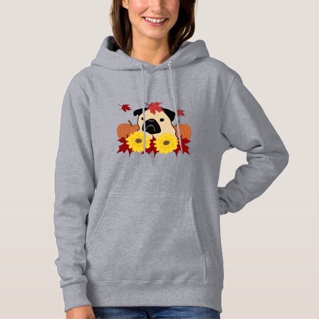 Pull À Capuche Carlin d'automne avec Feuilles, Citrouilles et tou (Devant)