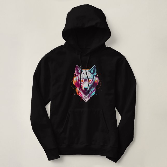 Pull À Capuche Casque Neon Cyber Wolf Y2K (Design devant)