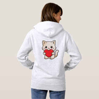 Pull À Capuche Chat Blanc Mignon Enlaçant un Grand Cœur Rouge - S