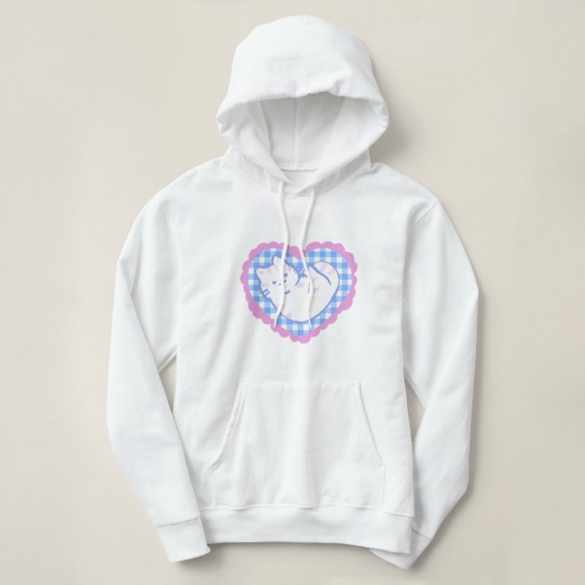 Pull À Capuche Chat dans un cœur à carreaux bleus  (Design devant)