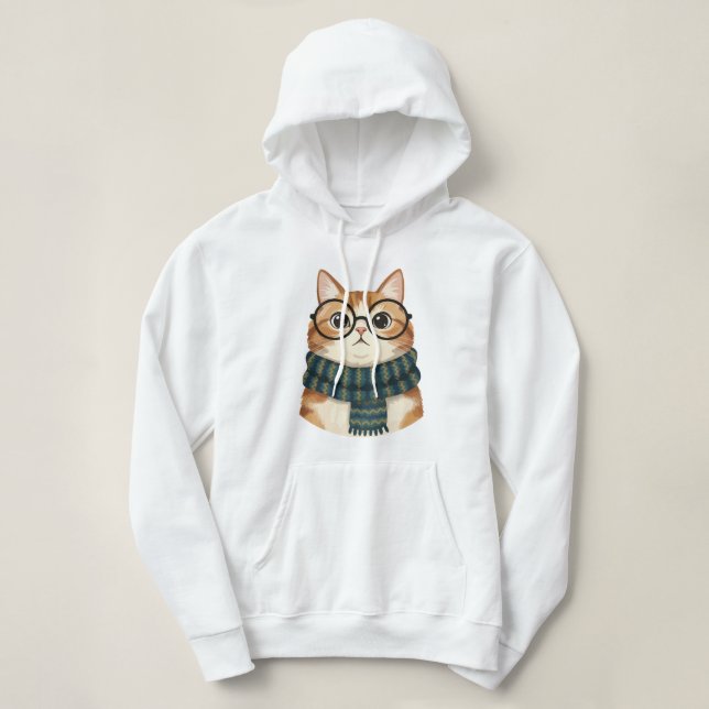 Pull À Capuche Chat Mignon Portant des Lunettes et une Écharpe –  (Design devant)