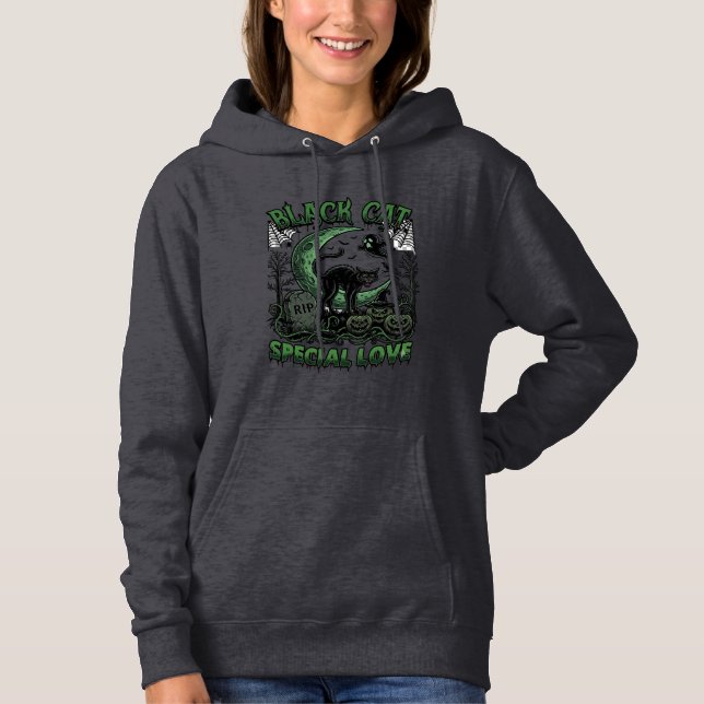 Pull À Capuche Chat Noir Amour Spécial Haloween Croissant Lune Fa (Devant)
