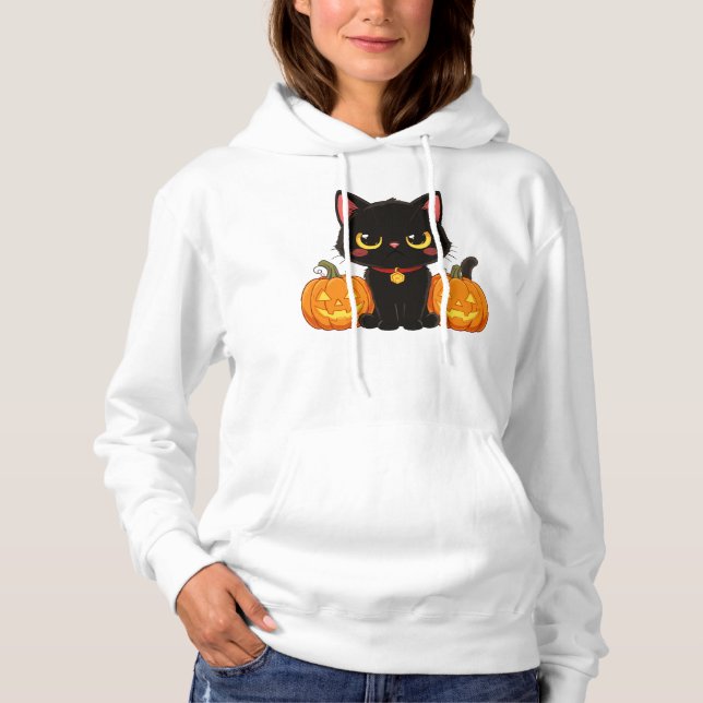 Pull À Capuche Chat noir mignon et citrouilles Halloween (Devant)