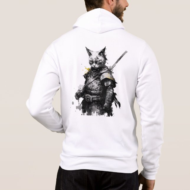 Pull À Capuche Chat samouraï avec katana, noir et jaune (Dos)