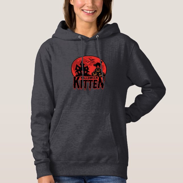 Pull À Capuche Chaton d'Halloween Maison Hantée Chat Graphique_1 (Devant)