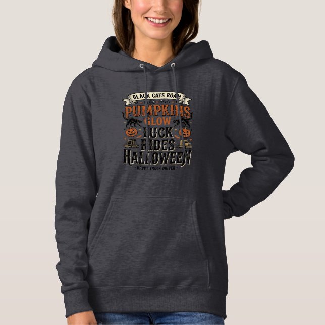 Pull À Capuche Chemise de chauffeur de camion Halloween avec chat (Devant)