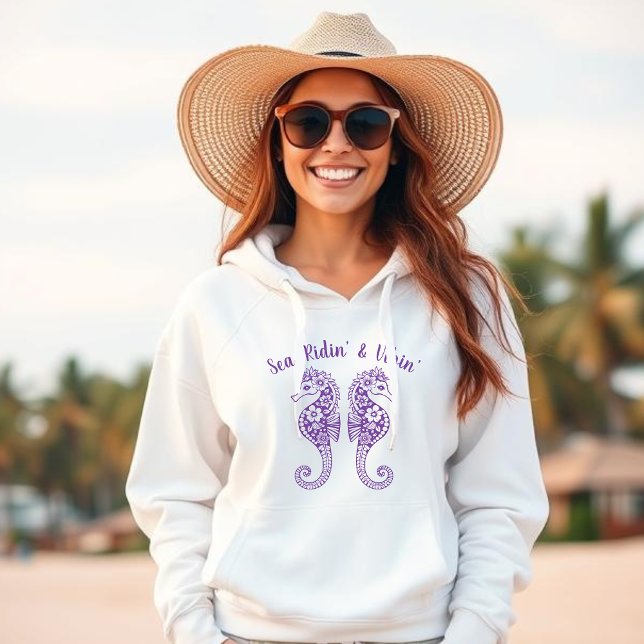Pull À Capuche Chevaux de mer - Pêcheur Coeur-Hawaïen Tropical-Vi (Sea Horse-Fisherman Core-Hawaiian-Tropical-Beach Hoodie-Summer Trend-Purple)