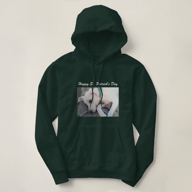 Pull À Capuche Chien blanc pâle portant une écusson verte (Design devant)