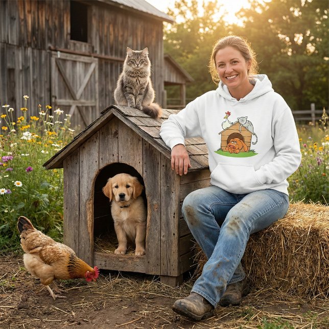 Pull À Capuche Chien de dessin animé drôle, chat et poulet sur un (Créateur téléchargé)