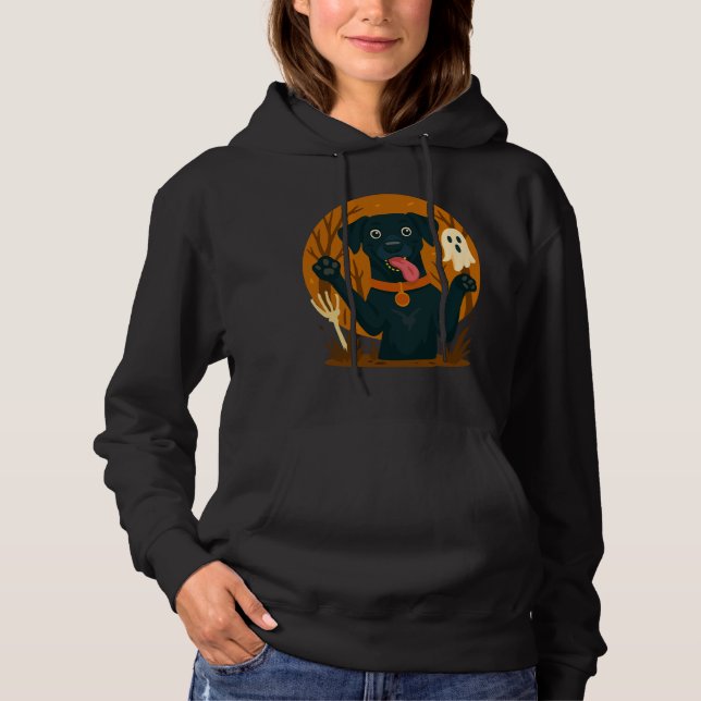 Pull À Capuche Chien noir mignon effrayant avec fantôme  (Devant)